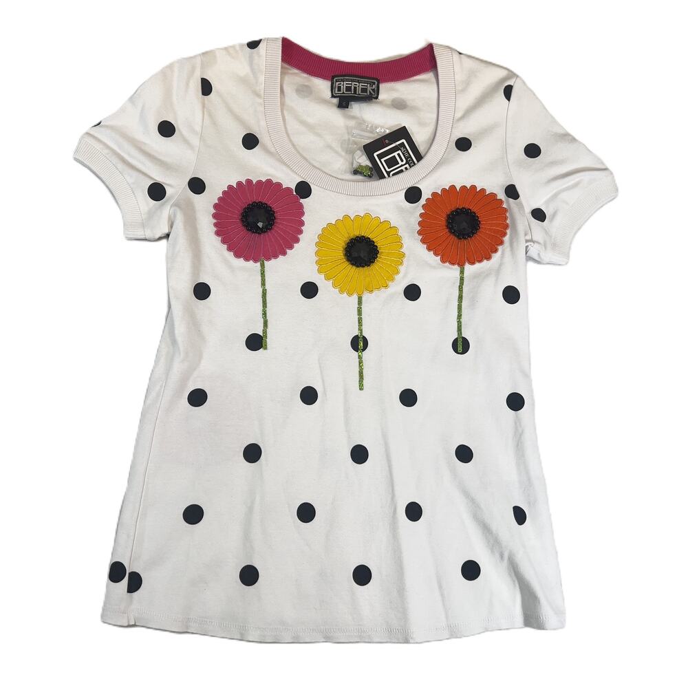 Berek 2 Floral T-Shirt Sm Short Sleeve White Scoop Neck Beads Jewels Embroidery